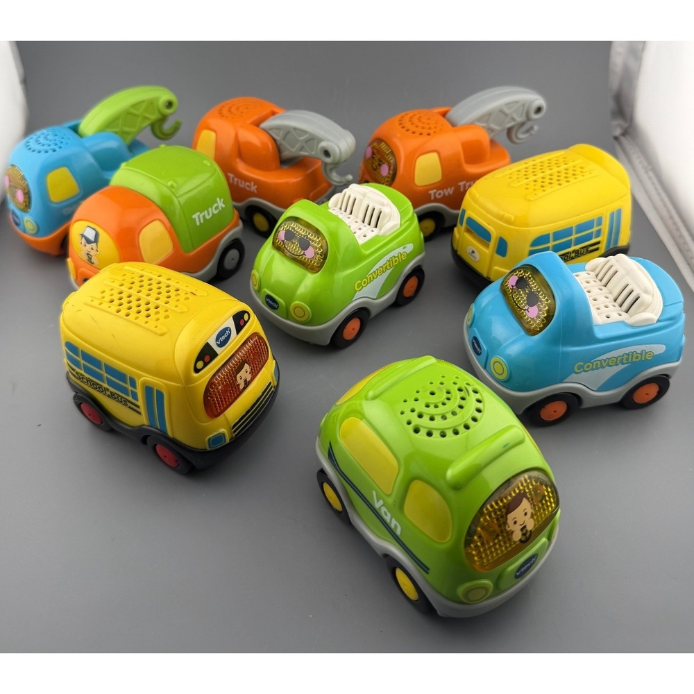 V Tech Toy Trucks Convertible Truck Schoolbus Van Tow Truck Lot of 9